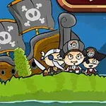 Trzy postacie pirackie stojące na trawie przed dużym statkiem z czarnymi żaglami ozdobionymi czaszkami i skrzyżowanymi kośćmi