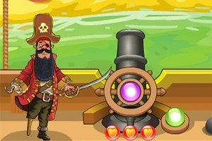 Pirate stojący obok działa z mieczem na tle morza i żółto-zielonego nieba