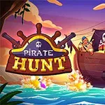 Piracki statek z czarną żaglem i czaszką płynący po kolorowym morzu, w towarzystwie napisu Pirate Hunt na tle zachodzącego słońca