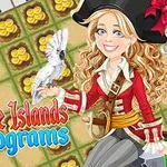 Kobieta w stroju pirata z papugą na ramieniu na tle planszy z monetami i tytułem Pirate Islands Nonograms