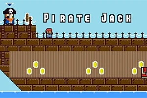 Pixelowa grafika przedstawiająca dużą drewnianą piracką łódź z postaciami i monetami na pokładzie oraz napisem PIRATE JACK
