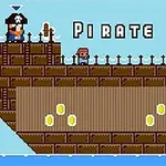 Pixelowa grafika przedstawiająca dużą drewnianą piracką łódź z postaciami i monetami na pokładzie oraz napisem PIRATE JACK