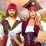 Dwóch ubranych w pirackie stroje ludzi na tle tropikalnej plaży i palm