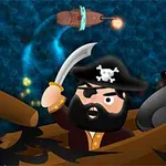 Pirat z czarną brodą i opaską na oku, trzymający szablę, walczy na drewnianej łodzi, z wystrzałami armat wokół niego na tle morskiej wody