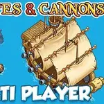 Duży drewniany statek żaglowy na niebieskim tle, obok którego znajduje się potwór morski z mackami i dryfująca beczka, z napisem MULTI PLAYER