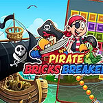 Pirat z papugą na tle żaglowca i planszy z kolorowymi klockami