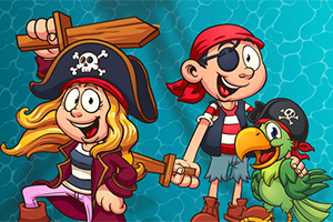 Dwoje animowanych piratów z papugą, trzymających drewniane miecze, na tle niebieskiego wzoru wody