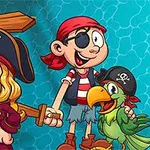 Dwoje animowanych piratów z papugą, trzymających drewniane miecze, na tle niebieskiego wzoru wody