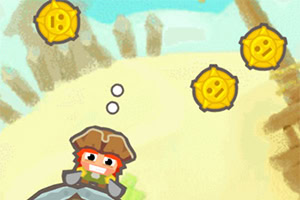 Postać w kapeluszu z bronią oraz trzy latające złote monety na tle krajobrazu