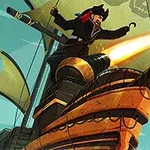 Pirat stojący na dziobie statku z działem, otoczony żaglami i błękitnym niebem