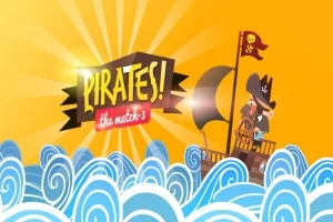 Piracki statek z piratem na pokładzie płynący po falującym morzu pod żółtym niebem z napisem PIRATES!