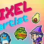 Napis PIXEL artist w stylu 3D otoczony pikselowymi grafikami psa, rycerza, pingwina, awokado, kaczki i czarodzieja na kolorowym tle