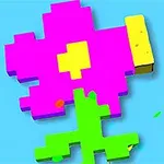 Pikselowy kwiatek w jaskrawych kolorach różowym, żółtym i zielonym na niebieskim tle