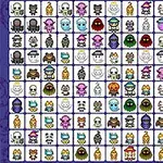 Kolorowa siatka z różnorodnymi, kreskowymi postaciami i ikonami na białym tle