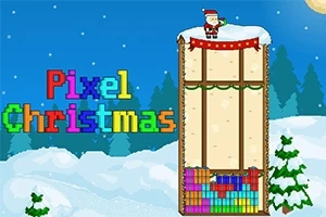Świąteczna scena pikselowa z Mikołajem stojącym na zaśnieżonym dachu obok kolorowego napisu Pixel Christmas