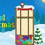 Świąteczna scena pikselowa z Mikołajem stojącym na zaśnieżonym dachu obok kolorowego napisu Pixel Christmas