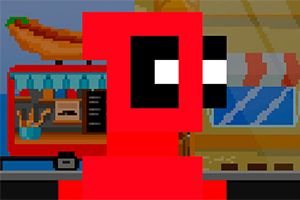 Pikselowa postać w czerwonym stroju na tle budki z hot dogami i budynku z markizą