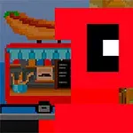 Pikselowa postać w czerwonym stroju na tle budki z hot dogami i budynku z markizą