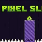 Zielony napis PIXEL SLIME nad fioletowym słupkiem, na którym stoi zielony stworek jednoczołowy, otoczony białymi kolcami na dole obrazu