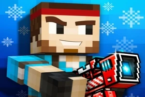 Postać w stylu pikselowej grafiki, trzymająca dużą, czerwono-białą broń na niebieskim tle z płatkami śniegu