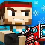 Postać w stylu pikselowej grafiki, trzymająca dużą, czerwono-białą broń na niebieskim tle z płatkami śniegu