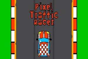 Pikselowy samochód wyścigowy na drodze z pasami startowymi i napisem Pixel Traffic Racer na górze