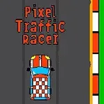 Pikselowy samochód wyścigowy na drodze z pasami startowymi i napisem Pixel Traffic Racer na górze