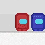 Dwa pikselowe postacie w czerwonym i niebieskim skafandrze stoją obok siebie na białym tle