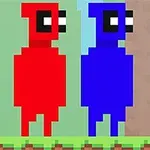 Czerwony i niebieski pikselowy stworek z dużymi oczami na tle trawiastym