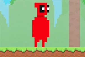 Czerwony, pikselowy stwór na trawiastym tle z brązowym drzewem