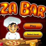 Kucharz w białym stroju i kapeluszu stoi przy stole z pizzą, a w tle widnieje napis Pizza Bar z przyciskami Tutorial, Play, i Select level