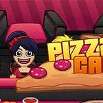 Trójka animowanych postaci siedzących na różowych krzesłach z grafiką dużego kawałka pizzy z napisem Pizza Cafe