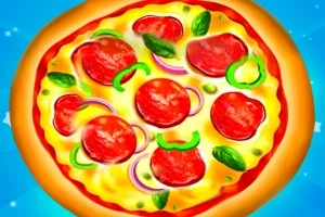 Pizza z długimi cienkimi plasterkami cebuli, zielonymi paprykami, liśćmi bazylii i dużymi kawałkami salami na niebieskim tle