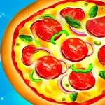 Pizza z długimi cienkimi plasterkami cebuli, zielonymi paprykami, liśćmi bazylii i dużymi kawałkami salami na niebieskim tle
