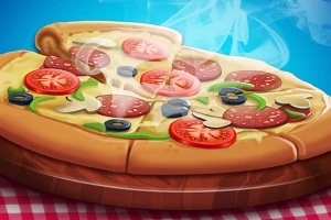Pizza na desce z warzywami, mięsem i serem, z unoszącą się parą na niebieskim tle