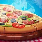 Pizza na desce z warzywami, mięsem i serem, z unoszącą się parą na niebieskim tle
