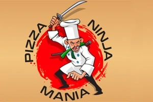 Kucharz w stroju ninja z mieczem, na tle czerwonego koła z napisem Pizza Ninja Mania