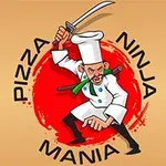 Kucharz w stroju ninja z mieczem, na tle czerwonego koła z napisem Pizza Ninja Mania