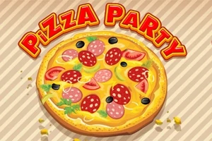 Pizza z salami, pomidorami, oliwkami i ziołami na jasnym tle z napisem Pizza Party