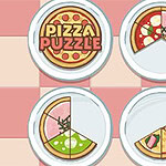 Cztery talerze z kawałkami pizzy na kratkowanym tle, jeden talerz z napisem Pizza Puzzle