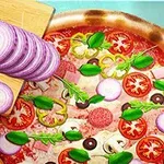 Pizza z różnymi składnikami, takimi jak plastry pomidora, cebula, liście bazylii, pieczarki, oliwki i papryka, z deską do krojenia i pokrojoną cebulą obok