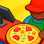 Postać w czerwonej czapce trzyma pizzę z pomidorami i innymi składnikami, obok kasy w jasnym otoczeniu