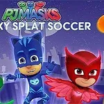 Trzy postacie w kolorowych kostiumach stojące na tle miasta nocą z napisem Sticky Splat Soccer nad nimi