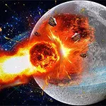 Zderzenie rozżarzonego meteorytu z powierzchnią księżyca, otoczonego wybuchami i odłamkami