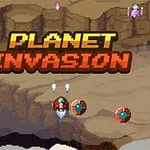 Pikselowa sceneria z napisem PLANET INVASION i trzema latającymi pojazdami na tle skalistego krajobrazu