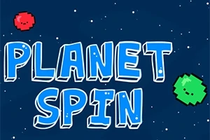 Niebieski napis PLANET SPIN na kosmicznym tle z zieloną i czerwoną kuleczką