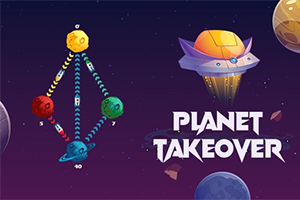 Kolorowe planety połączone liniami oraz statek kosmiczny na fioletowym tle z napisem Planet Takeover