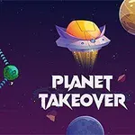 Kolorowe planety połączone liniami oraz statek kosmiczny na fioletowym tle z napisem Planet Takeover