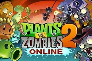 Kolorowa ilustracja z kreskówkowymi roślinami i zombie po obu stronach oraz dużym napisem PLANTS vs