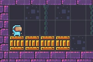 Postać w niebieskim skafandrze stojąca na pomarańczowych platformach z purpurowymi cegłami w tle